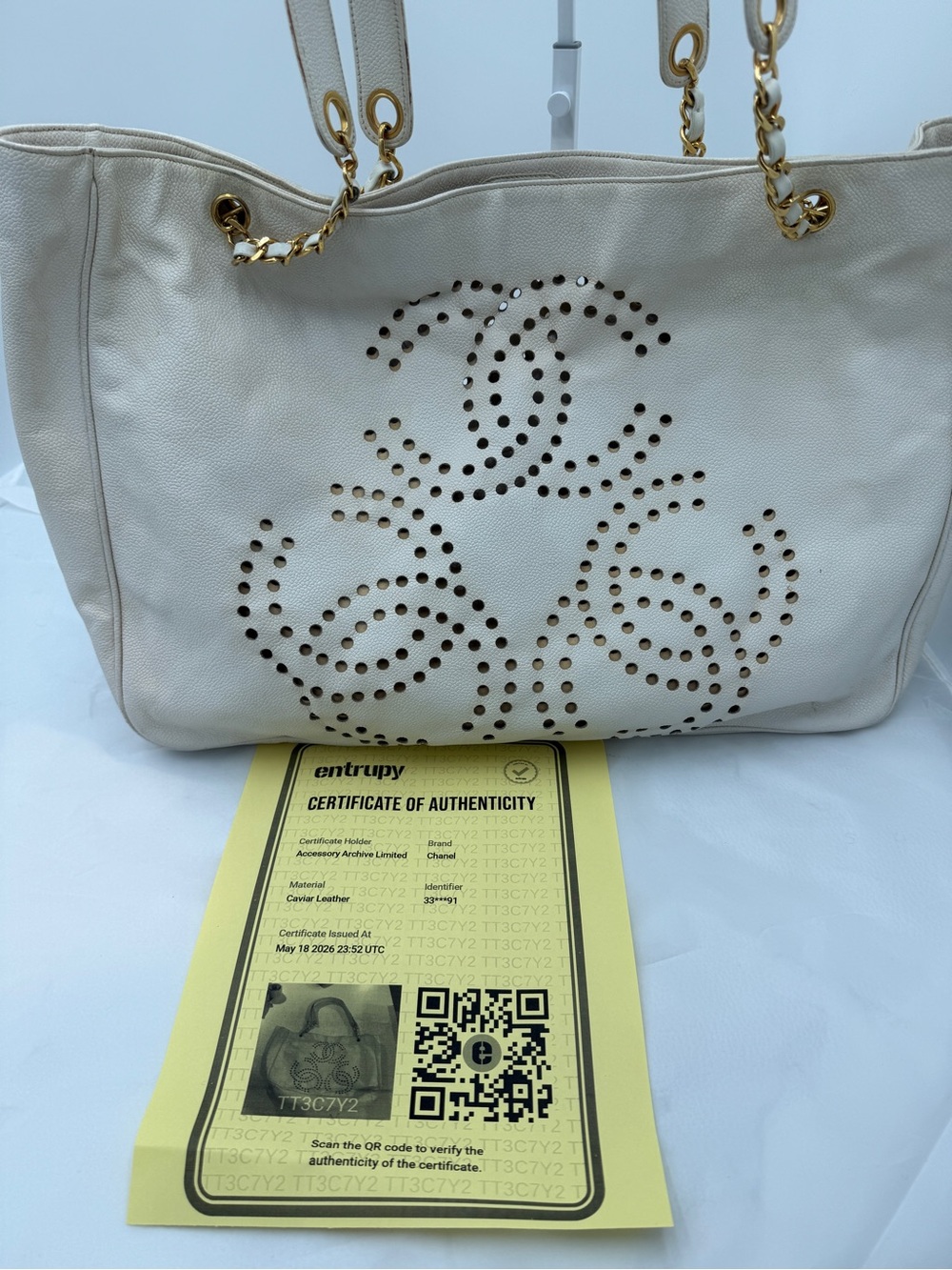 Authentic Vintage Chanel Perforated Triple CC Extra Large Shopping Tote W/COA